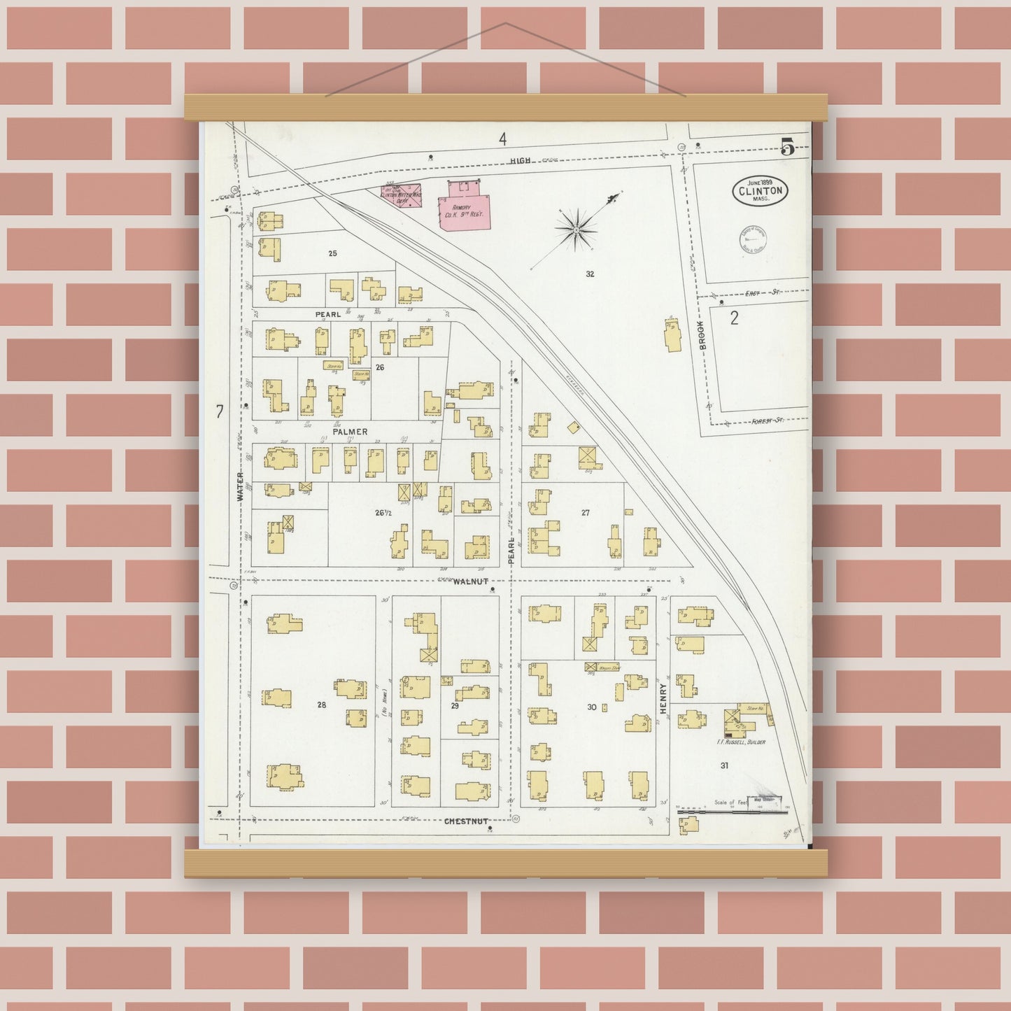 Old map wall art mockup — magnetic wood frame on brick wall — Sanborn Fire Insurance Map from Clinton, Worcester County, Massachusetts (1899), Sheet #0005