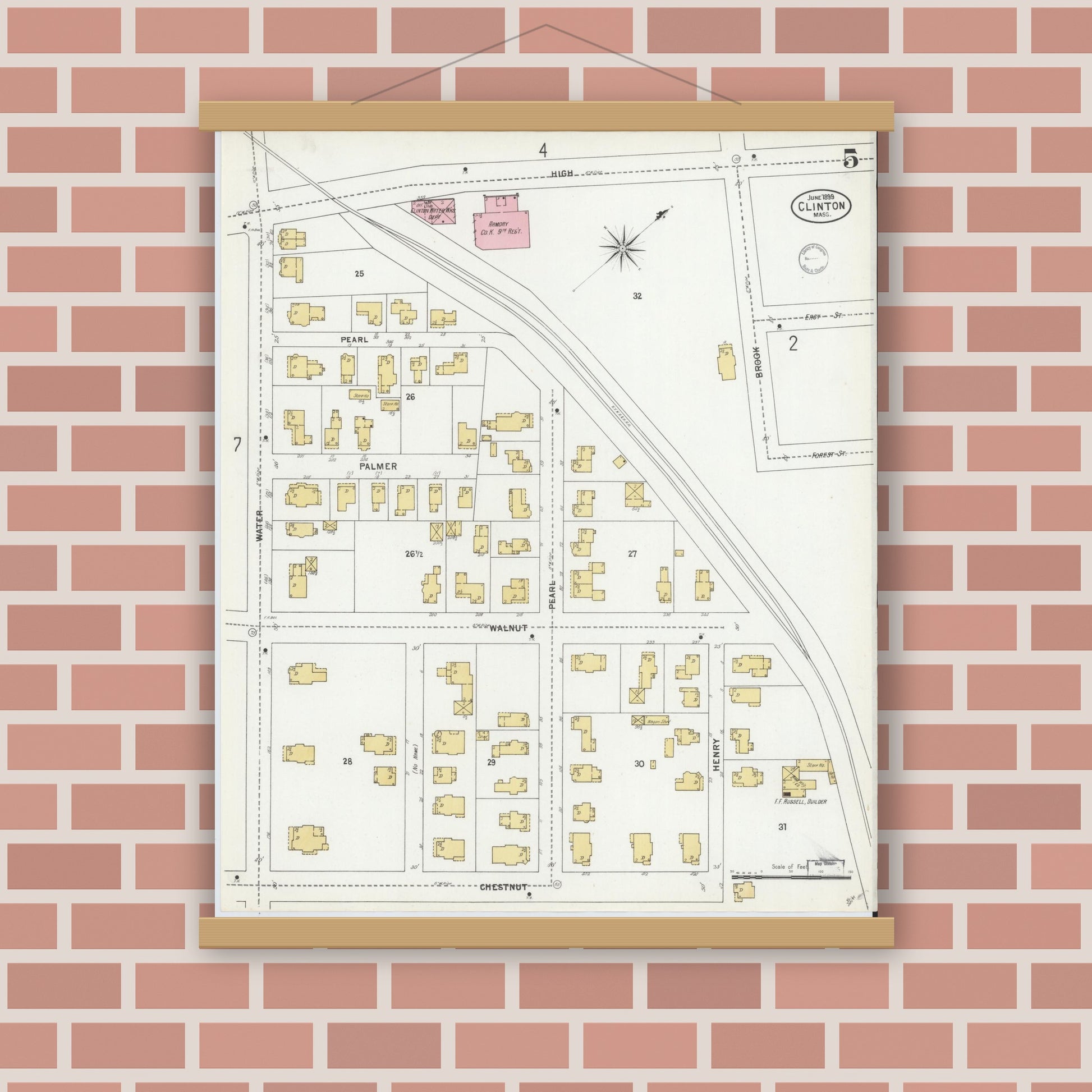 Old map wall art mockup — magnetic wood frame on brick wall — Sanborn Fire Insurance Map from Clinton, Worcester County, Massachusetts (1899), Sheet #0005