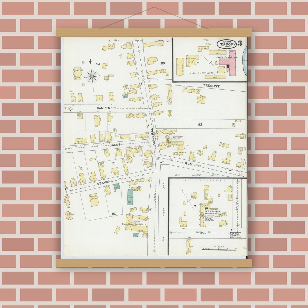 Old map wall art mockup — magnetic wood frame on brick wall — Sanborn Fire Insurance Map from Peabody, Essex County, Massachusetts (1892), Sheet #0003