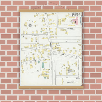 Old map wall art mockup — magnetic wood frame on brick wall — Sanborn Fire Insurance Map from Peabody, Essex County, Massachusetts (1892), Sheet #0003