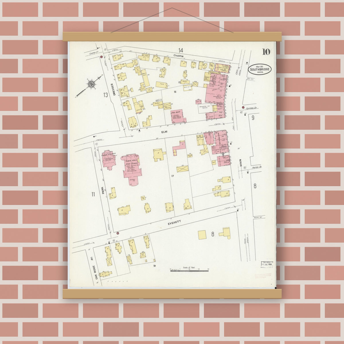 Old map wall art mockup — magnetic wood frame on brick wall — Sanborn Fire Insurance Map from Southbridge, Worcester County, Massachusetts (1911), Sheet #0010