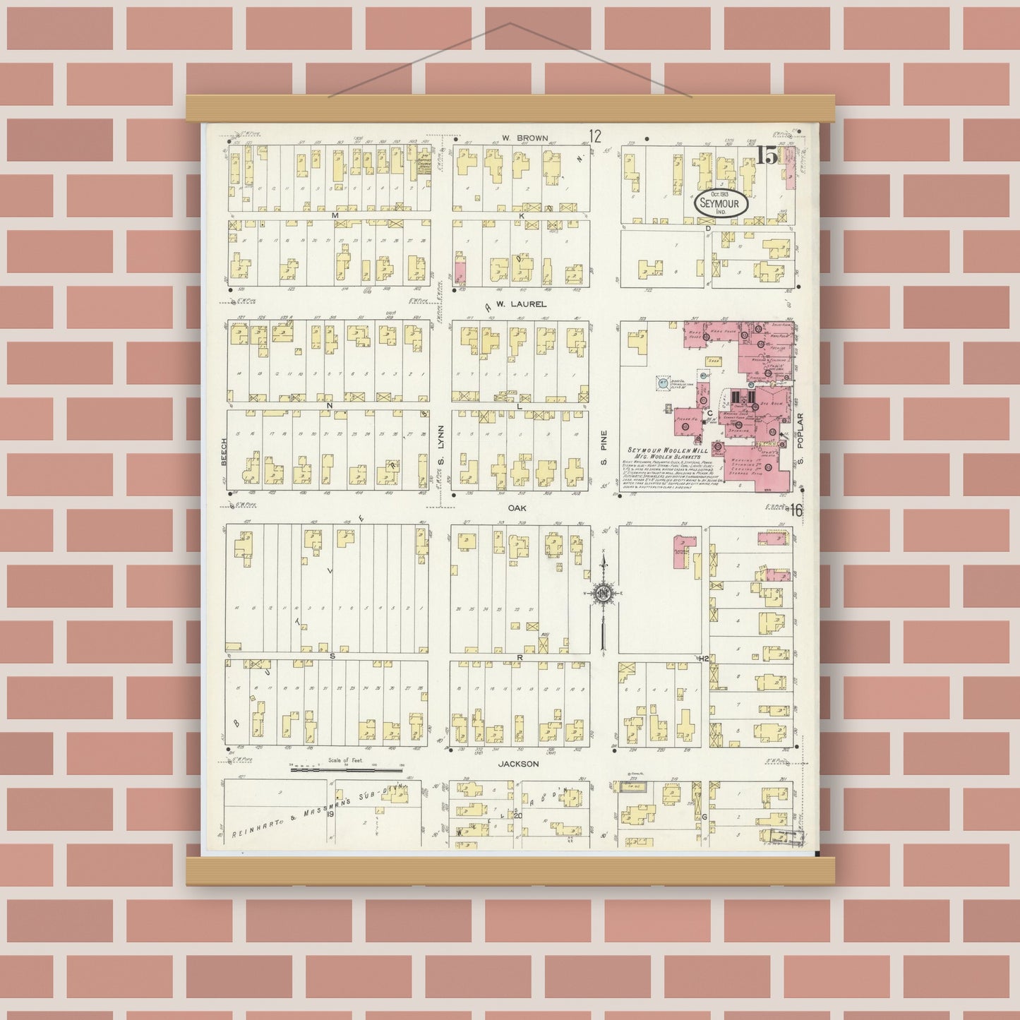 Old map wall art mockup — magnetic wood frame on brick wall — Sanborn Fire Insurance Map from Seymour, Jackson County, Indiana (1913), Sheet #0015