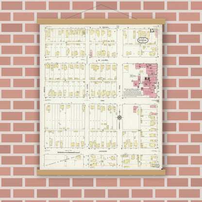 Old map wall art mockup — magnetic wood frame on brick wall — Sanborn Fire Insurance Map from Seymour, Jackson County, Indiana (1913), Sheet #0015