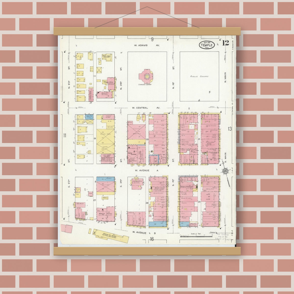 Old map wall art mockup — magnetic wood frame on brick wall — Sanborn Fire Insurance Map from Temple, Bell County, Texas (1915), Sheet #0012