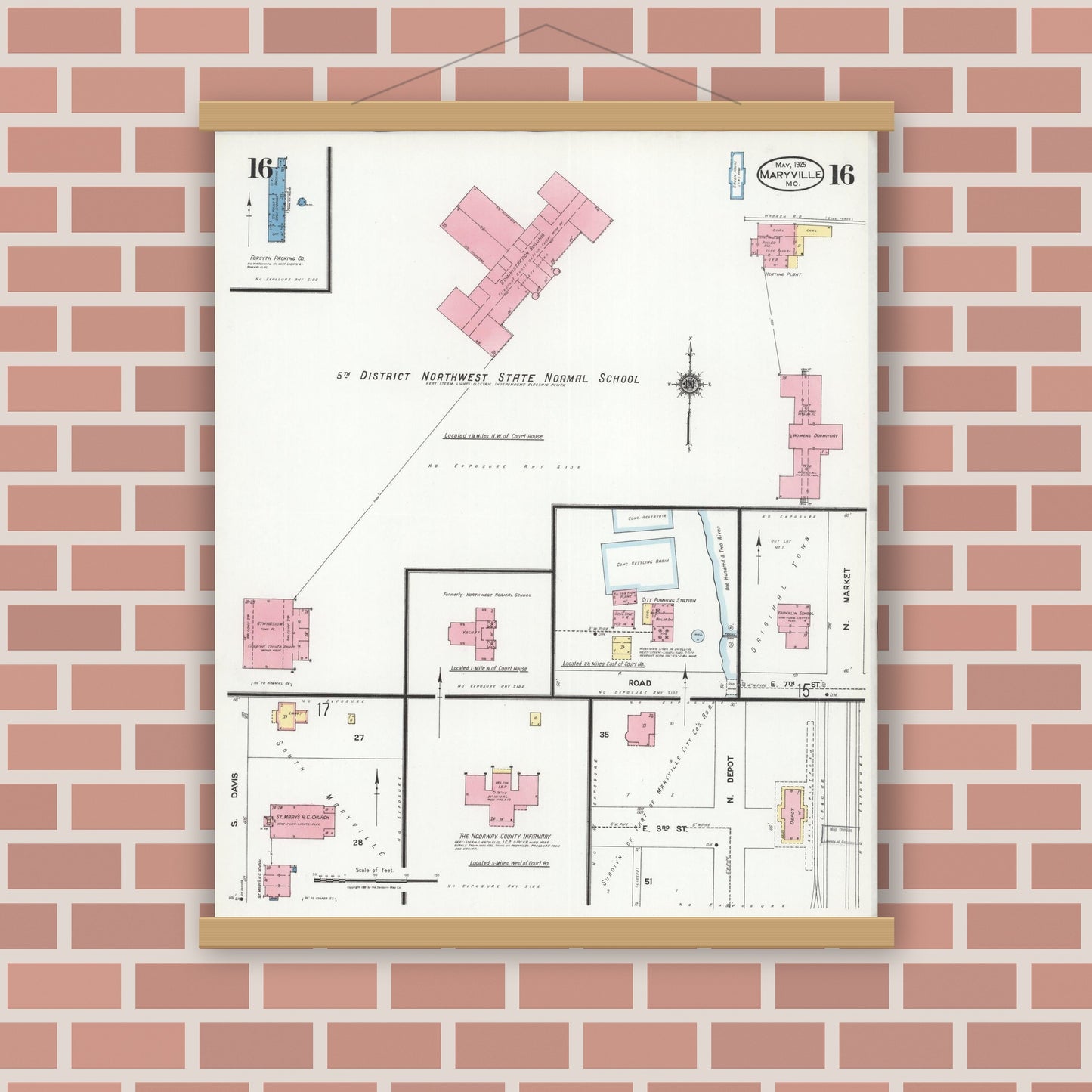 Old map wall art mockup — magnetic wood frame on brick wall — Sanborn Fire Insurance Map from Maryville, Nodaway County, Missouri (1925), Sheet #0016