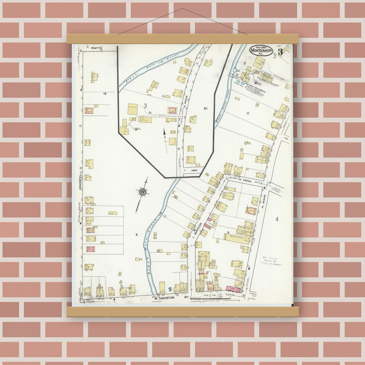Old map wall art mockup — magnetic wood frame on brick wall — Sanborn Fire Insurance Map from Montgomery, Lycoming County, Pennsylvania (1920), Sheet #0003
