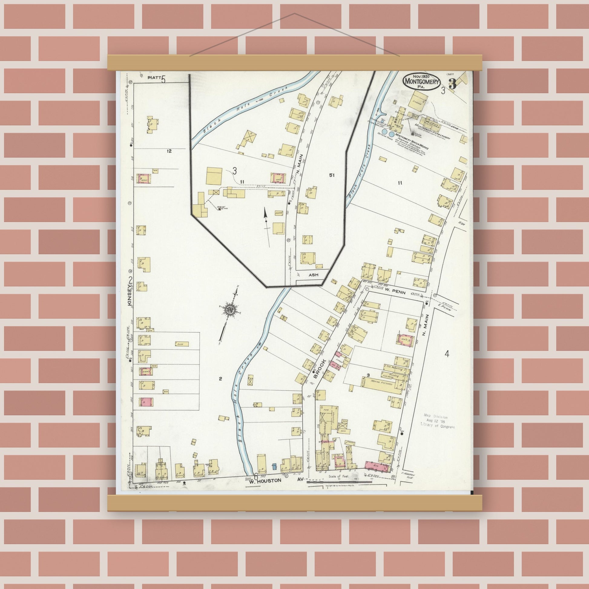 Old map wall art mockup — magnetic wood frame on brick wall — Sanborn Fire Insurance Map from Montgomery, Lycoming County, Pennsylvania (1920), Sheet #0003