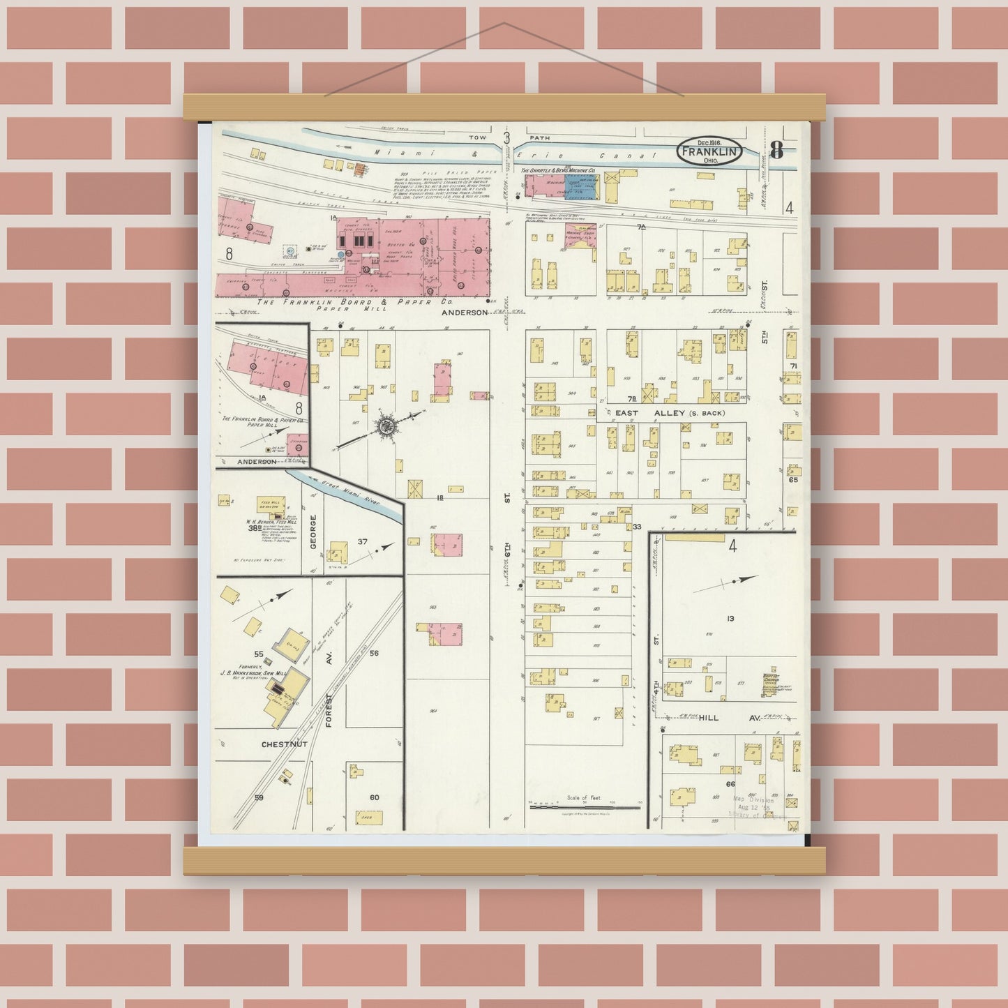 Old map wall art mockup — magnetic wood frame on brick wall — Sanborn Fire Insurance Map from Franklin, Warren County, Ohio (1916), Sheet #0008