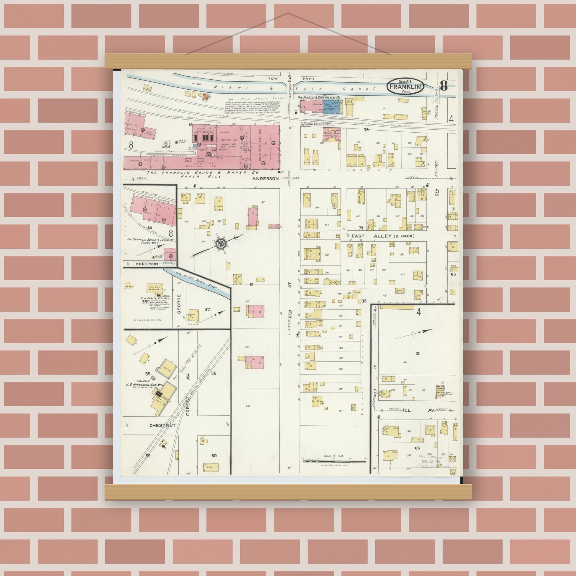 Old map wall art mockup — magnetic wood frame on brick wall — Sanborn Fire Insurance Map from Franklin, Warren County, Ohio (1916), Sheet #0008