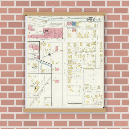Old map wall art mockup — magnetic wood frame on brick wall — Sanborn Fire Insurance Map from Franklin, Warren County, Ohio (1916), Sheet #0008