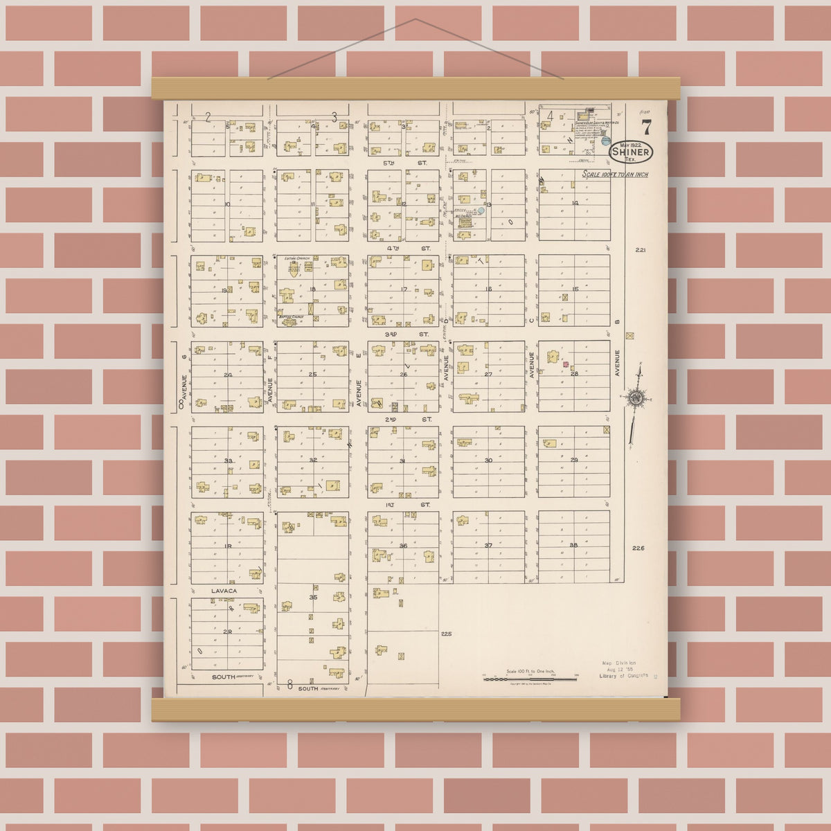 Old map wall art mockup — magnetic wood frame on brick wall — Sanborn Fire Insurance Map from Shiner, Lavaca County, Texas (1922), Sheet #0007