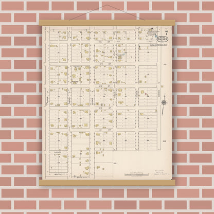 Old map wall art mockup — magnetic wood frame on brick wall — Sanborn Fire Insurance Map from Shiner, Lavaca County, Texas (1922), Sheet #0007