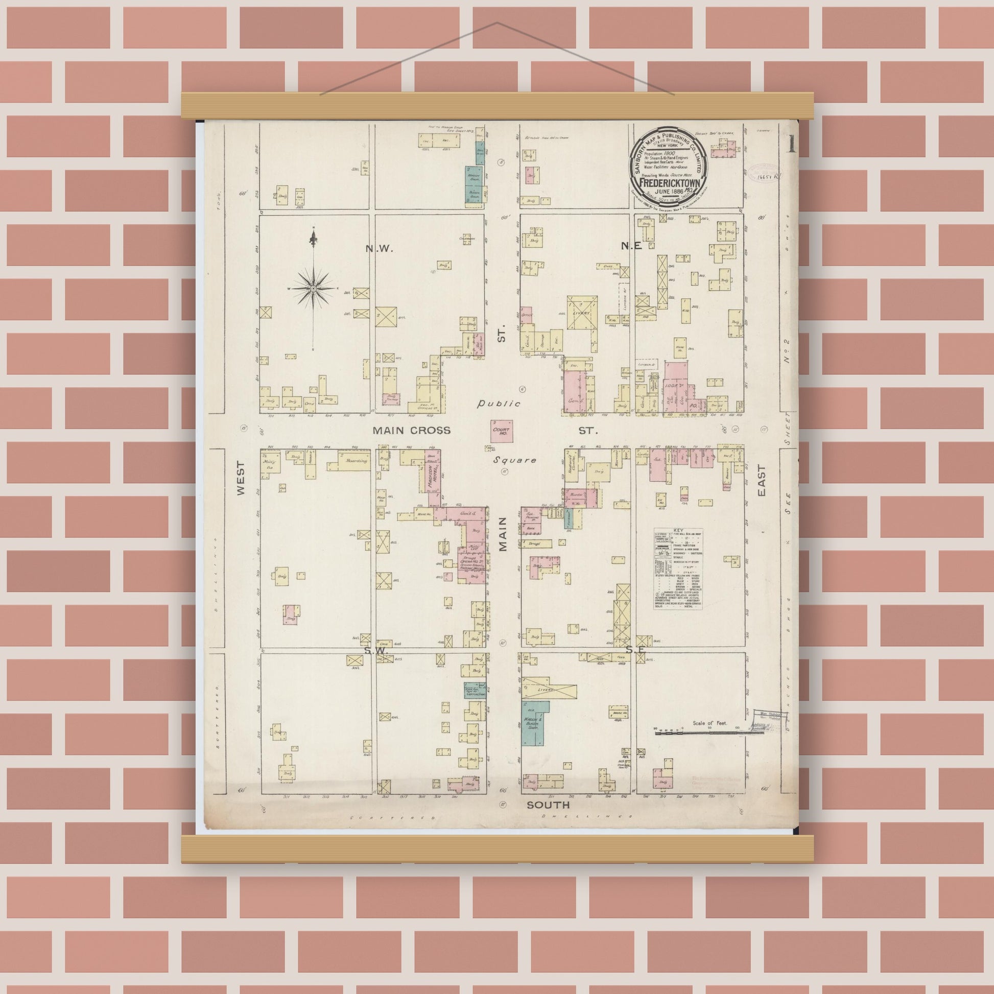 Old map wall art mockup — magnetic wood frame on brick wall — Sanborn Fire Insurance Map from Fredericktown, Madison County, Missouri (1886) - Complete Map Set