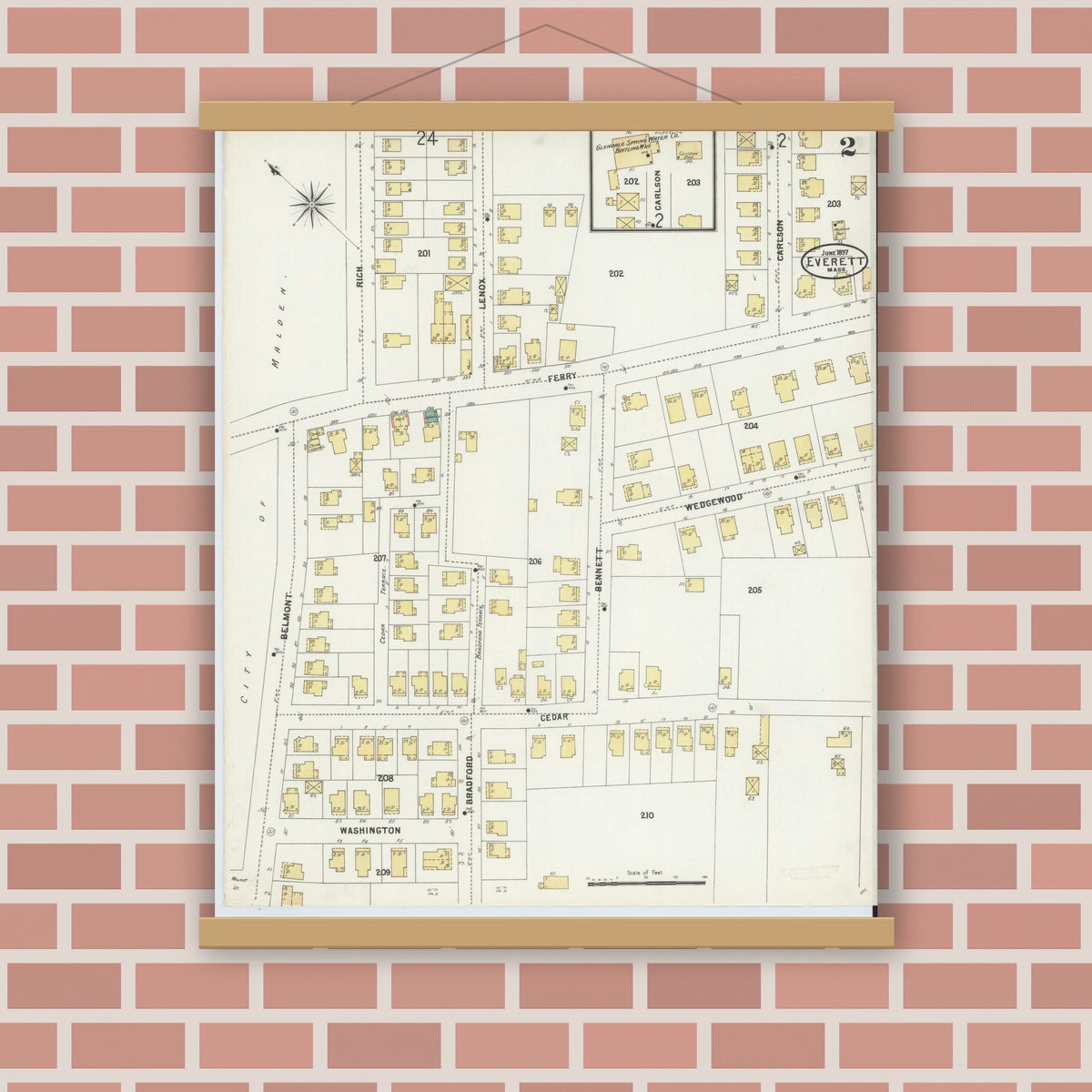 Old map wall art mockup — magnetic wood frame on brick wall — Sanborn Fire Insurance Map from Everett, Middlesex County, Massachusetts (1897), Sheet #0002