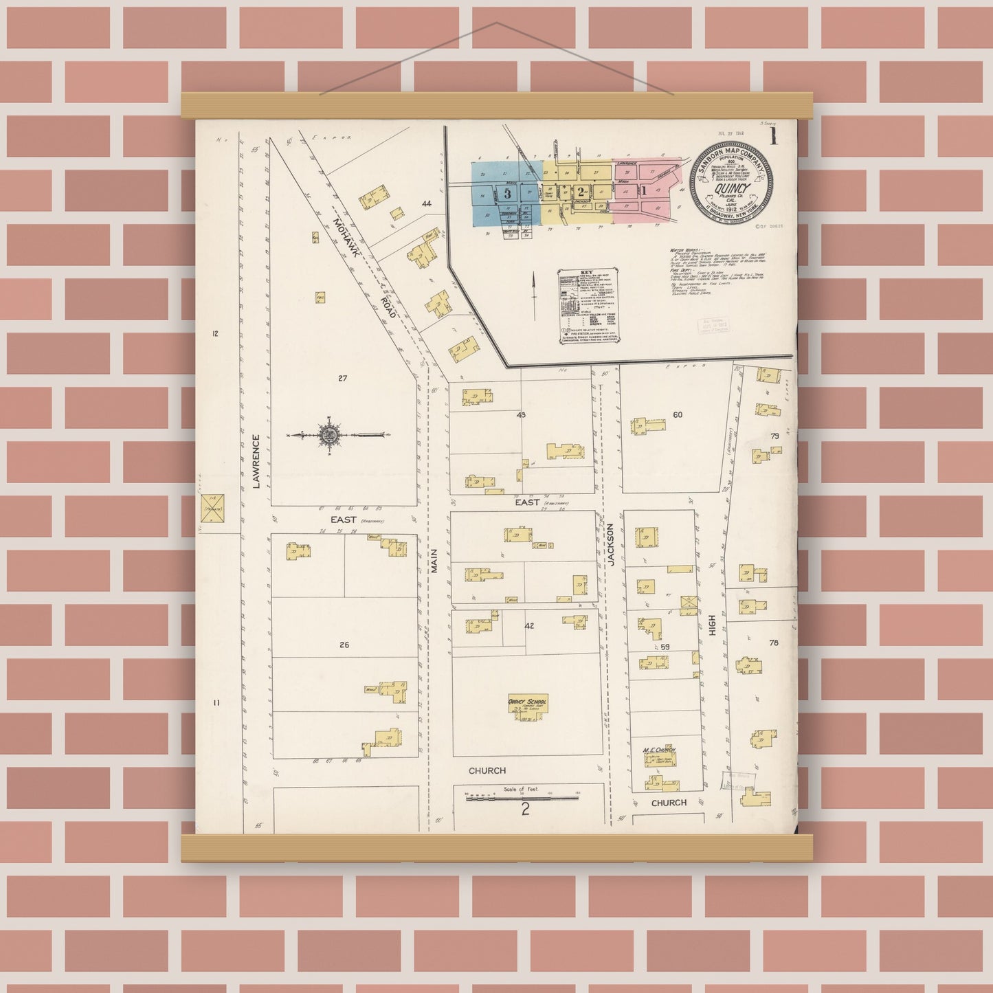 Old map wall art mockup — magnetic wood frame on brick wall — Sanborn Fire Insurance Map from Quincy, Plumas County, California (1912) - Complete Map Set