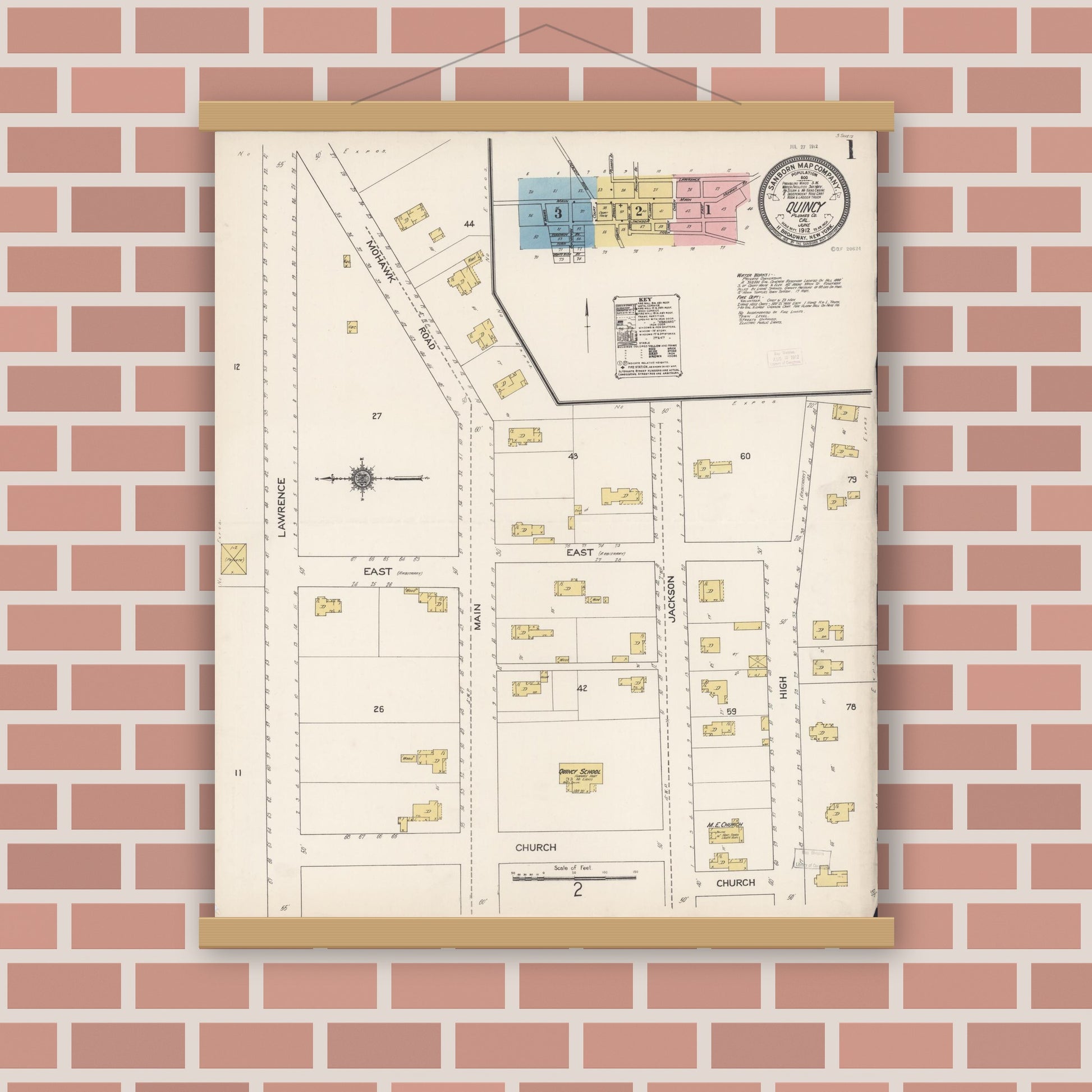 Old map wall art mockup — magnetic wood frame on brick wall — Sanborn Fire Insurance Map from Quincy, Plumas County, California (1912) - Complete Map Set