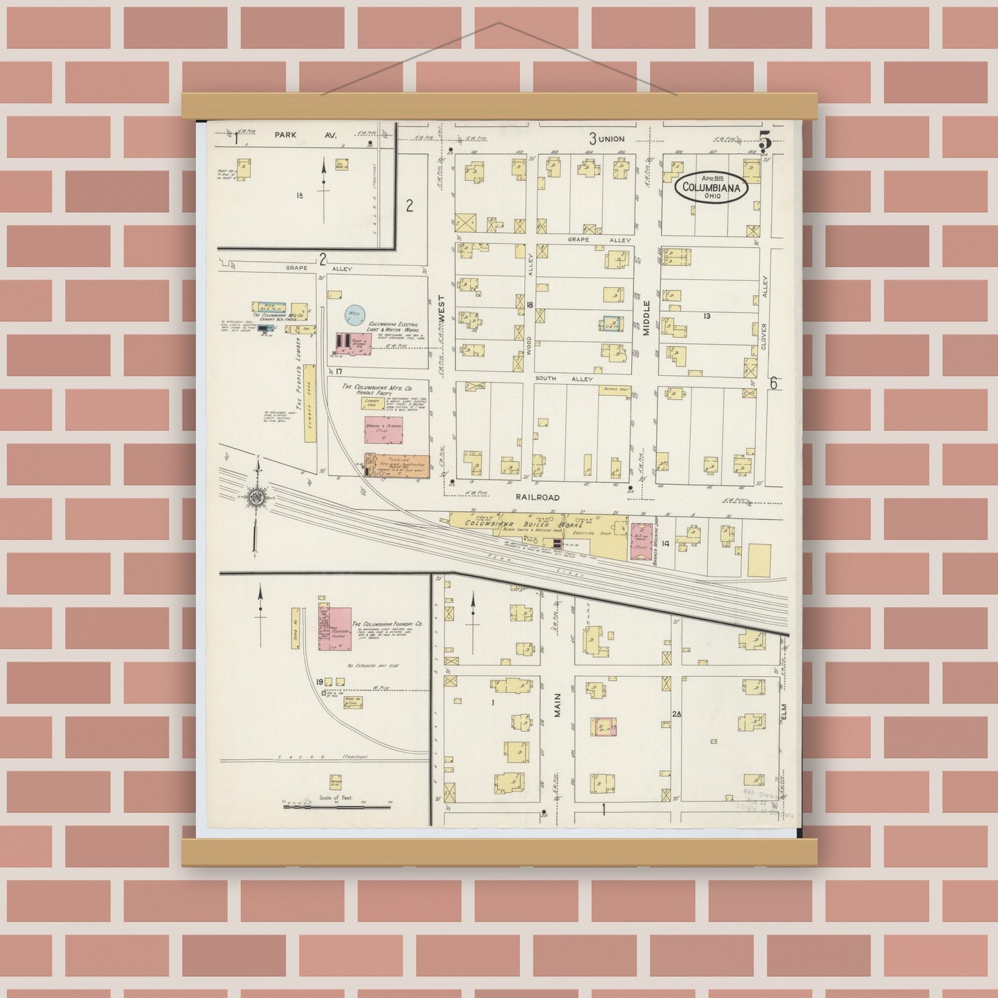Old map wall art mockup — magnetic wood frame on brick wall — Sanborn Fire Insurance Map from Columbiana, Columbiana County, Ohio (1915), Sheet #0005