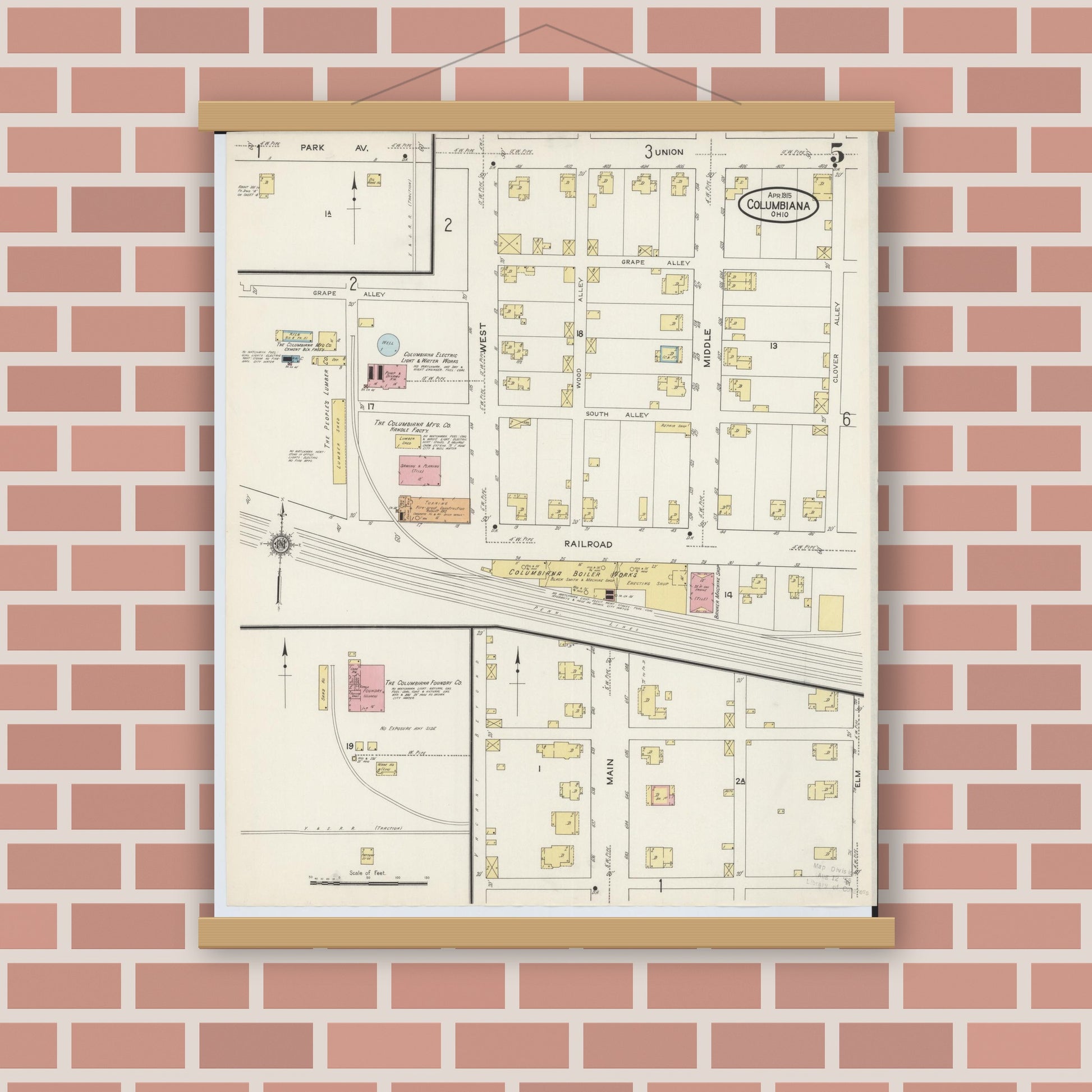 Old map wall art mockup — magnetic wood frame on brick wall — Sanborn Fire Insurance Map from Columbiana, Columbiana County, Ohio (1915), Sheet #0005