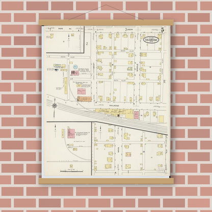 Old map wall art mockup — magnetic wood frame on brick wall — Sanborn Fire Insurance Map from Columbiana, Columbiana County, Ohio (1915), Sheet #0005