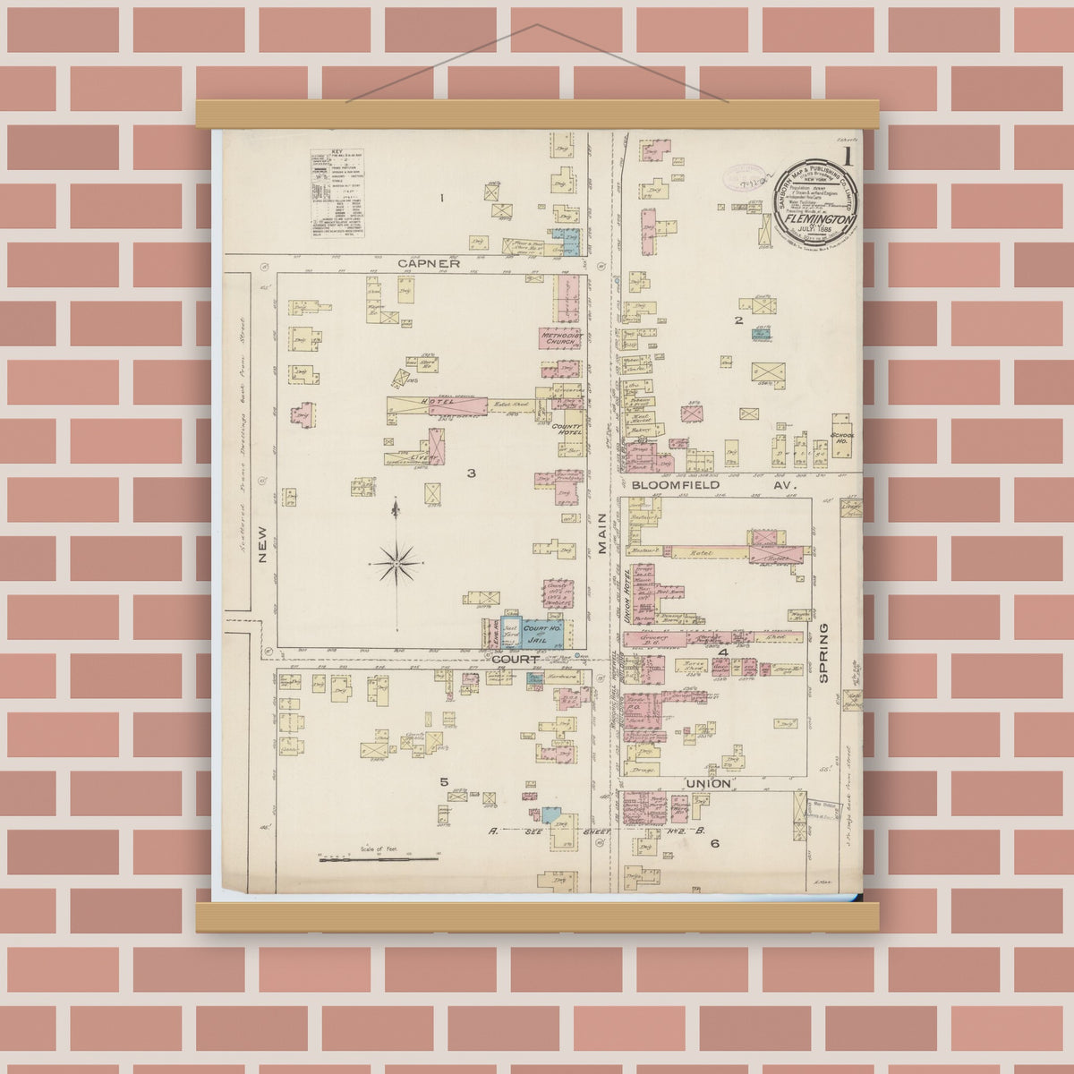 Old map wall art mockup — magnetic wood frame on brick wall — Sanborn Fire Insurance Map from Flemington, Hunterdon County, New Jersey (1885) - Complete Map Set