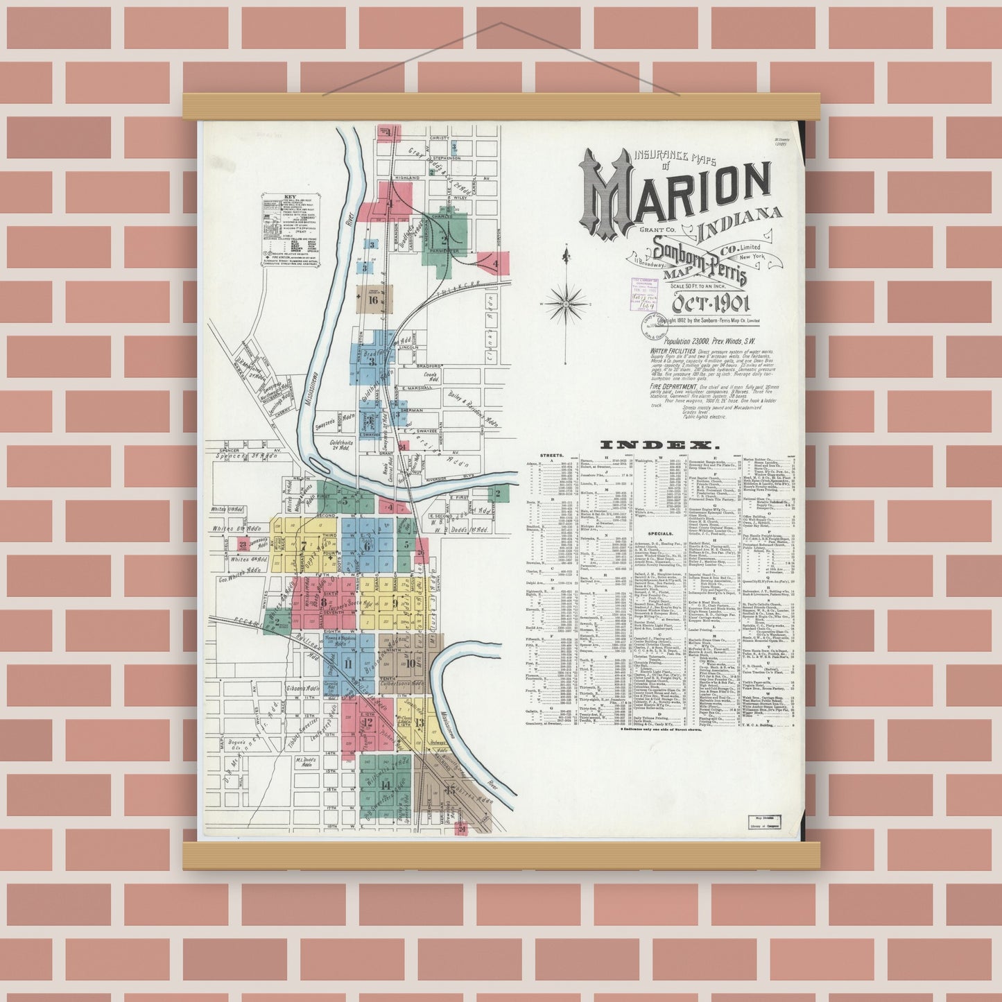 Old map wall art mockup — magnetic wood frame on brick wall — Sanborn Fire Insurance Map from Marion, Grant County, Indiana (1901) - Complete Map Set