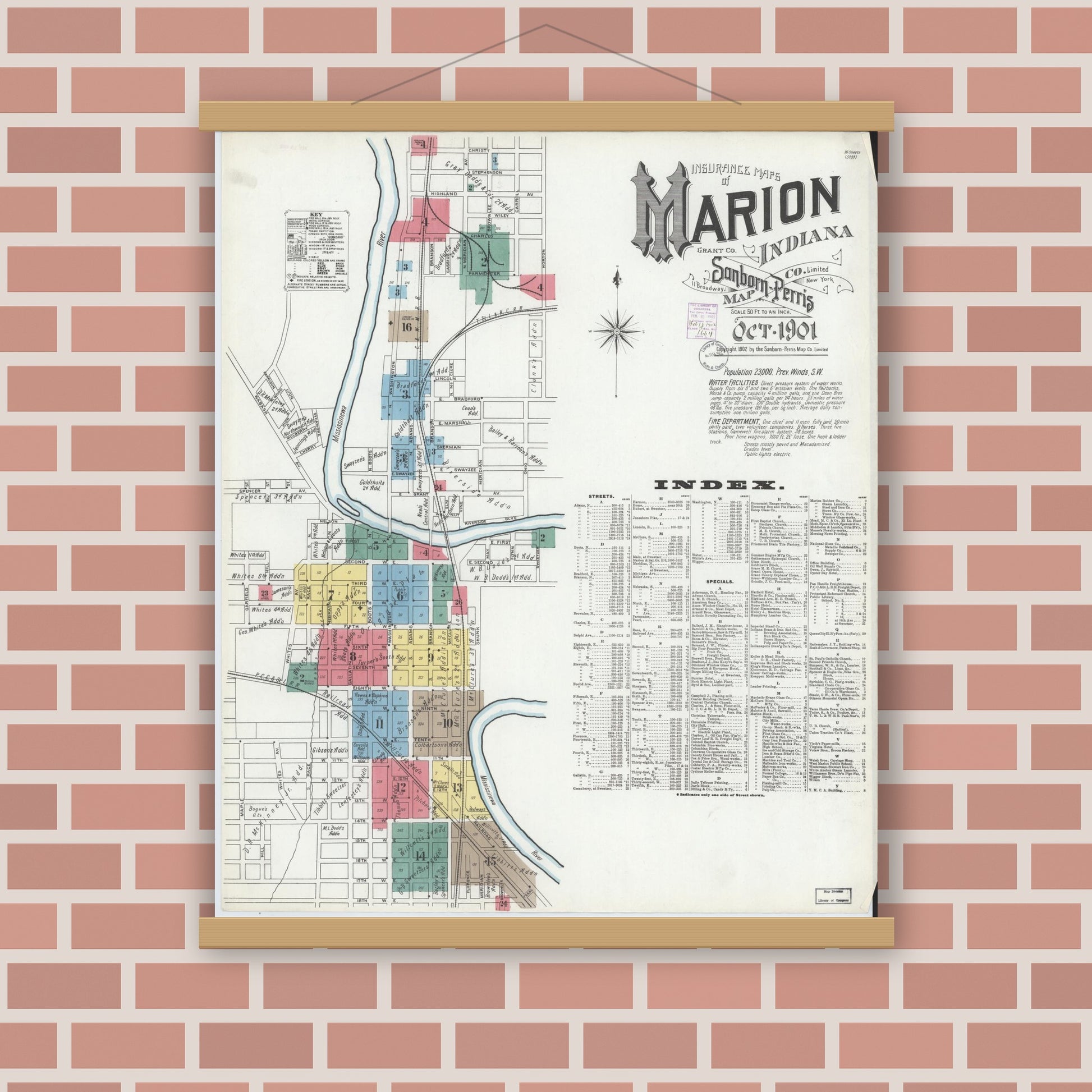 Old map wall art mockup — magnetic wood frame on brick wall — Sanborn Fire Insurance Map from Marion, Grant County, Indiana (1901) - Complete Map Set