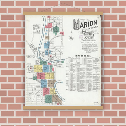 Old map wall art mockup — magnetic wood frame on brick wall — Sanborn Fire Insurance Map from Marion, Grant County, Indiana (1901) - Complete Map Set