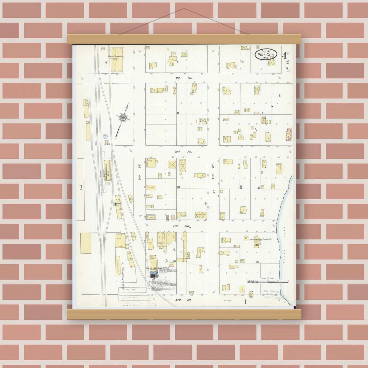 Old map wall art mockup — magnetic wood frame on brick wall — Sanborn Fire Insurance Map from Pine City, Pine County, Minnesota (1911), Sheet #0004