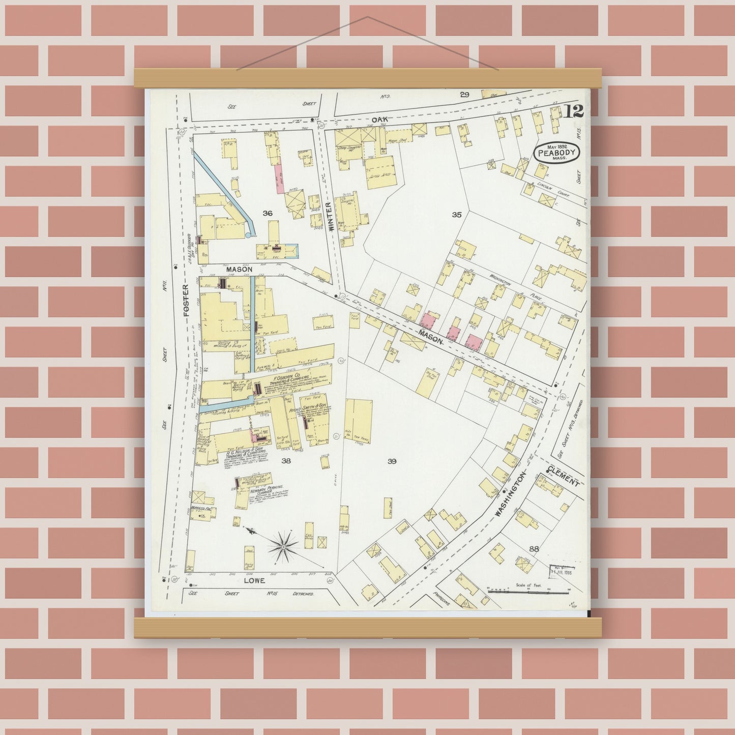 Old map wall art mockup — magnetic wood frame on brick wall — Sanborn Fire Insurance Map from Peabody, Essex County, Massachusetts (1892), Sheet #0012