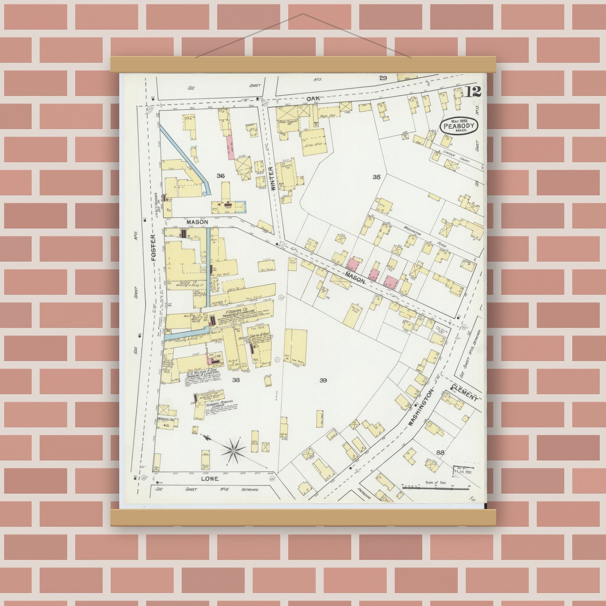 Old map wall art mockup — magnetic wood frame on brick wall — Sanborn Fire Insurance Map from Peabody, Essex County, Massachusetts (1892), Sheet #0012