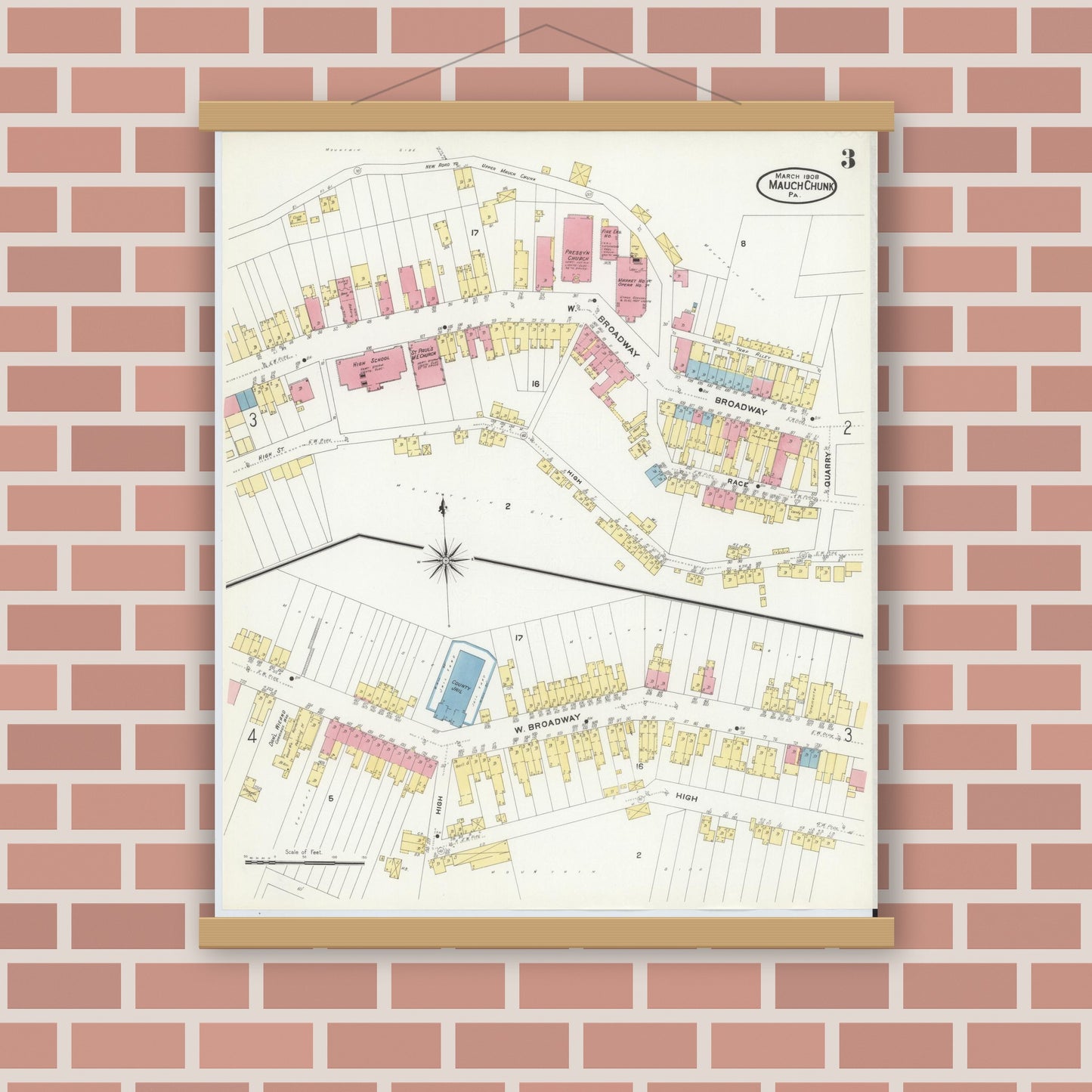 Old map wall art mockup — magnetic wood frame on brick wall — Sanborn Fire Insurance Map from Mauch Chunk, Carbon County, Pennsylvania (1908), Sheet #0003