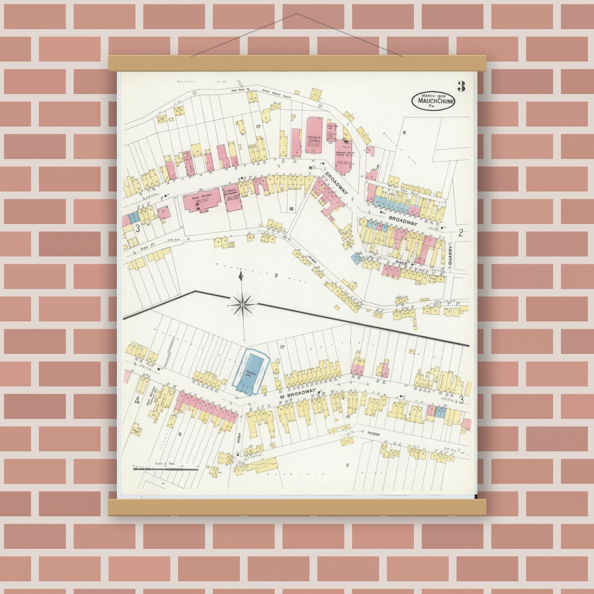 Old map wall art mockup — magnetic wood frame on brick wall — Sanborn Fire Insurance Map from Mauch Chunk, Carbon County, Pennsylvania (1908), Sheet #0003