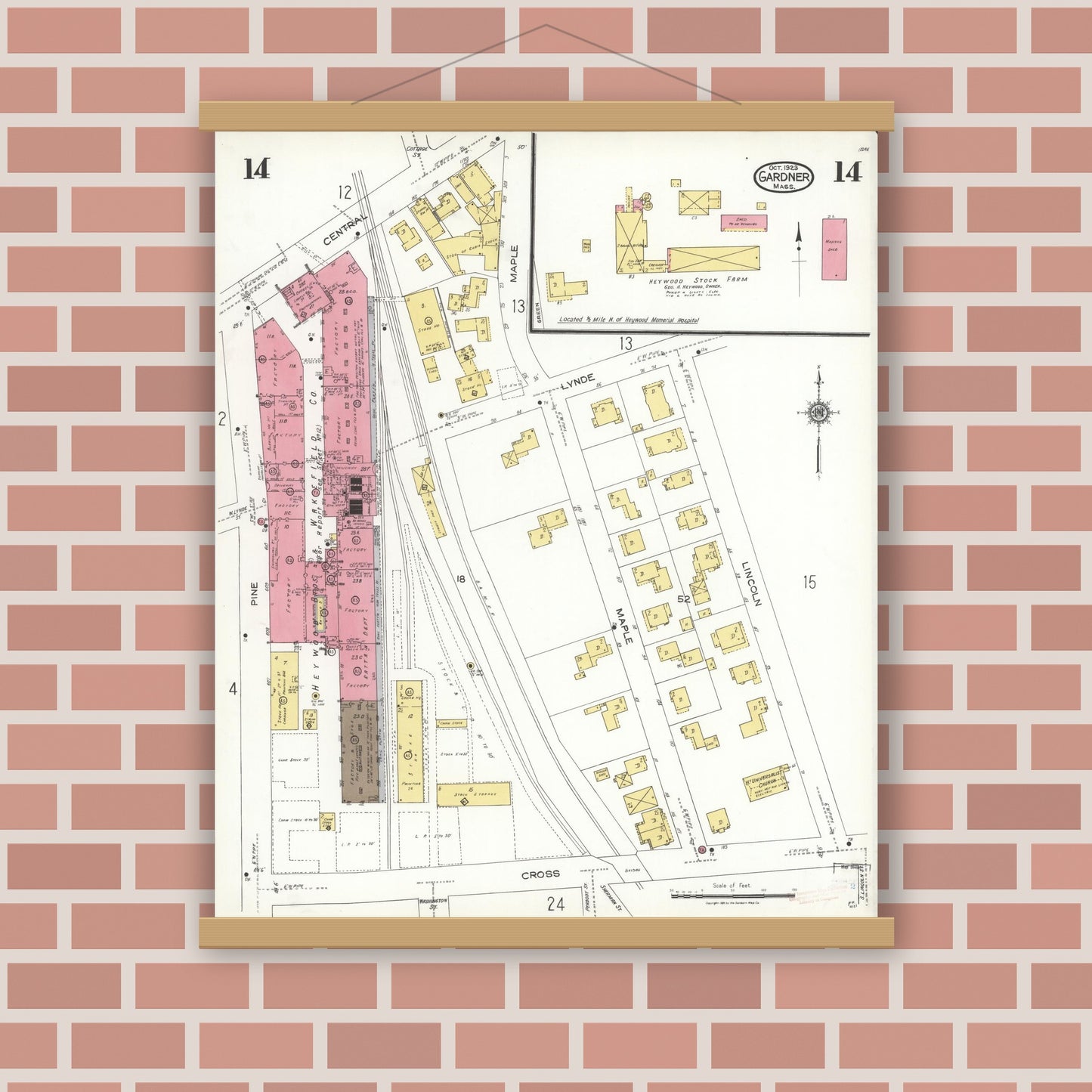Old map wall art mockup — magnetic wood frame on brick wall — Sanborn Fire Insurance Map from Gardner, Worcester County, Massachusetts (1923), Sheet #0014