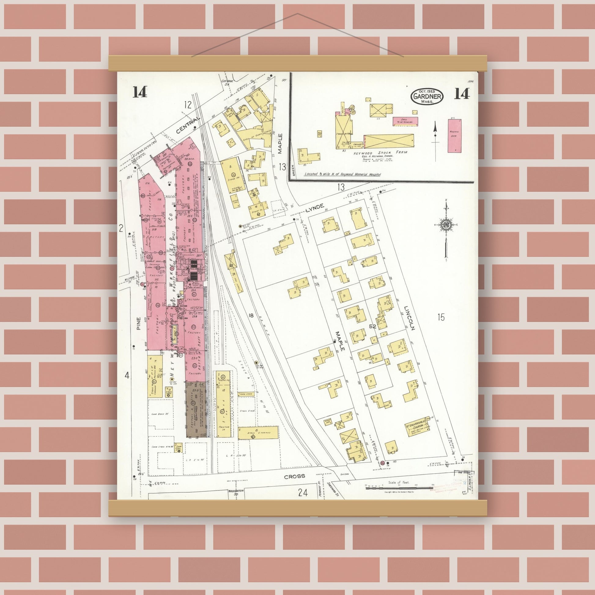 Old map wall art mockup — magnetic wood frame on brick wall — Sanborn Fire Insurance Map from Gardner, Worcester County, Massachusetts (1923), Sheet #0014