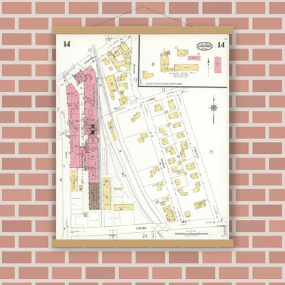 Old map wall art mockup — magnetic wood frame on brick wall — Sanborn Fire Insurance Map from Gardner, Worcester County, Massachusetts (1923), Sheet #0014