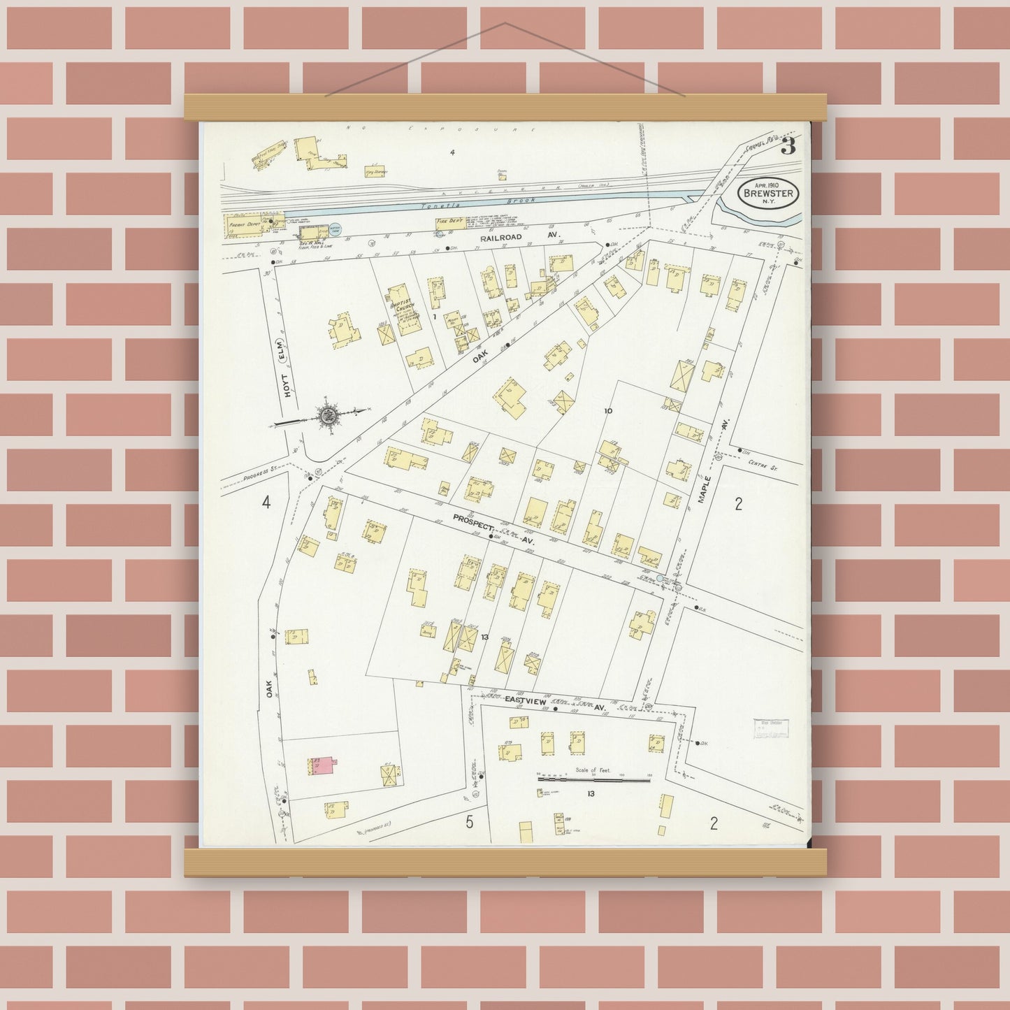 Old map wall art mockup — magnetic wood frame on brick wall — Sanborn Fire Insurance Map from Brewster, Putnam County, New York (1910), Sheet #0003