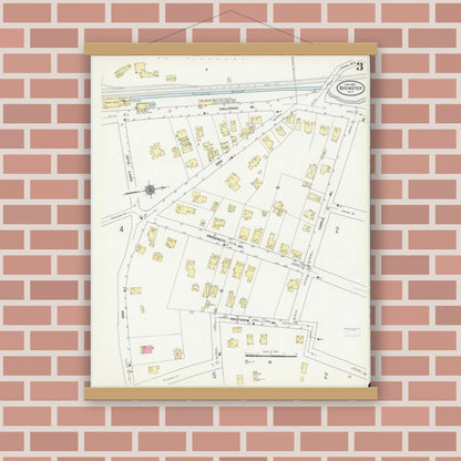 Old map wall art mockup — magnetic wood frame on brick wall — Sanborn Fire Insurance Map from Brewster, Putnam County, New York (1910), Sheet #0003