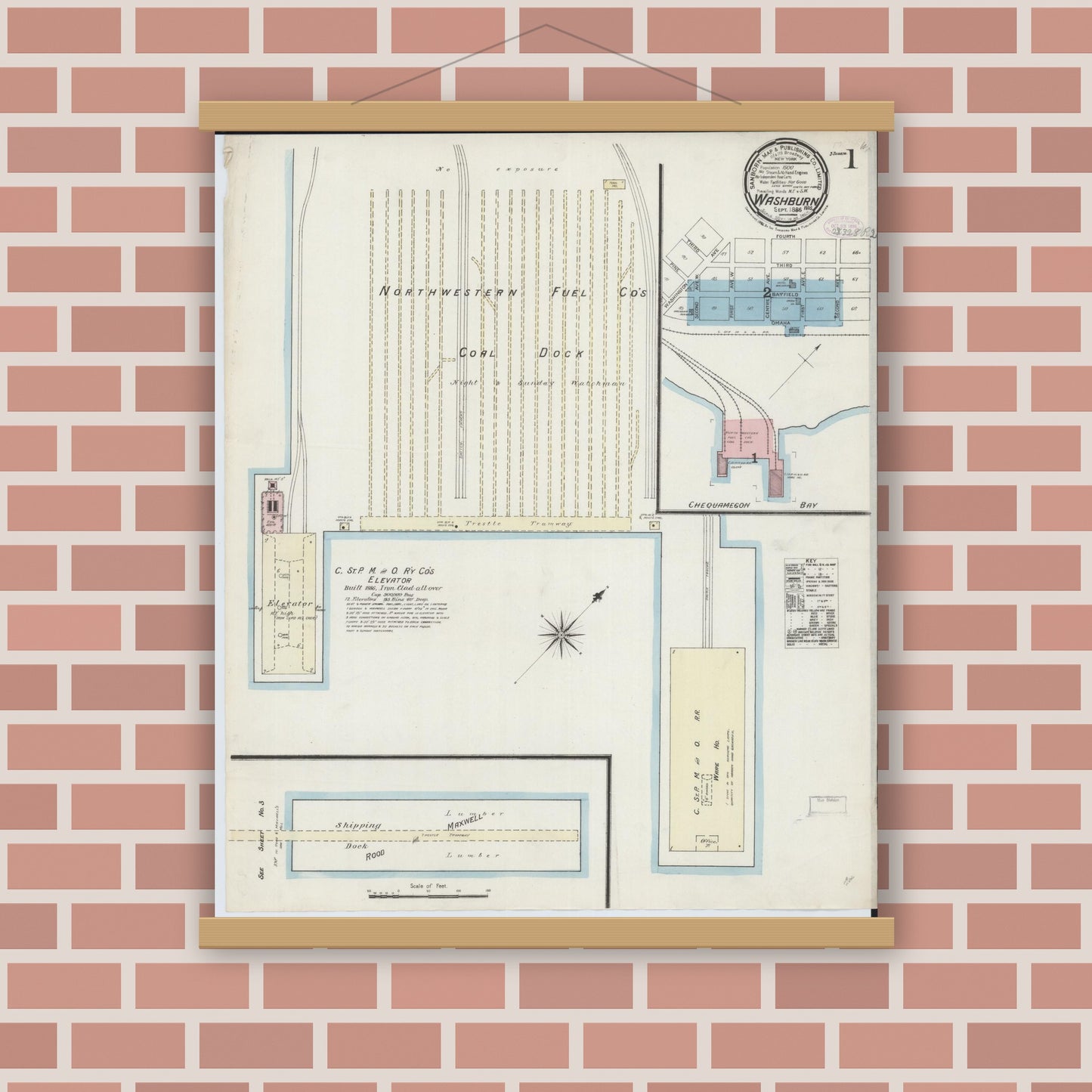 Old map wall art mockup — magnetic wood frame on brick wall — Sanborn Fire Insurance Map from Washburn, Bayfield County, Wisconsin (1886) - Complete Map Set