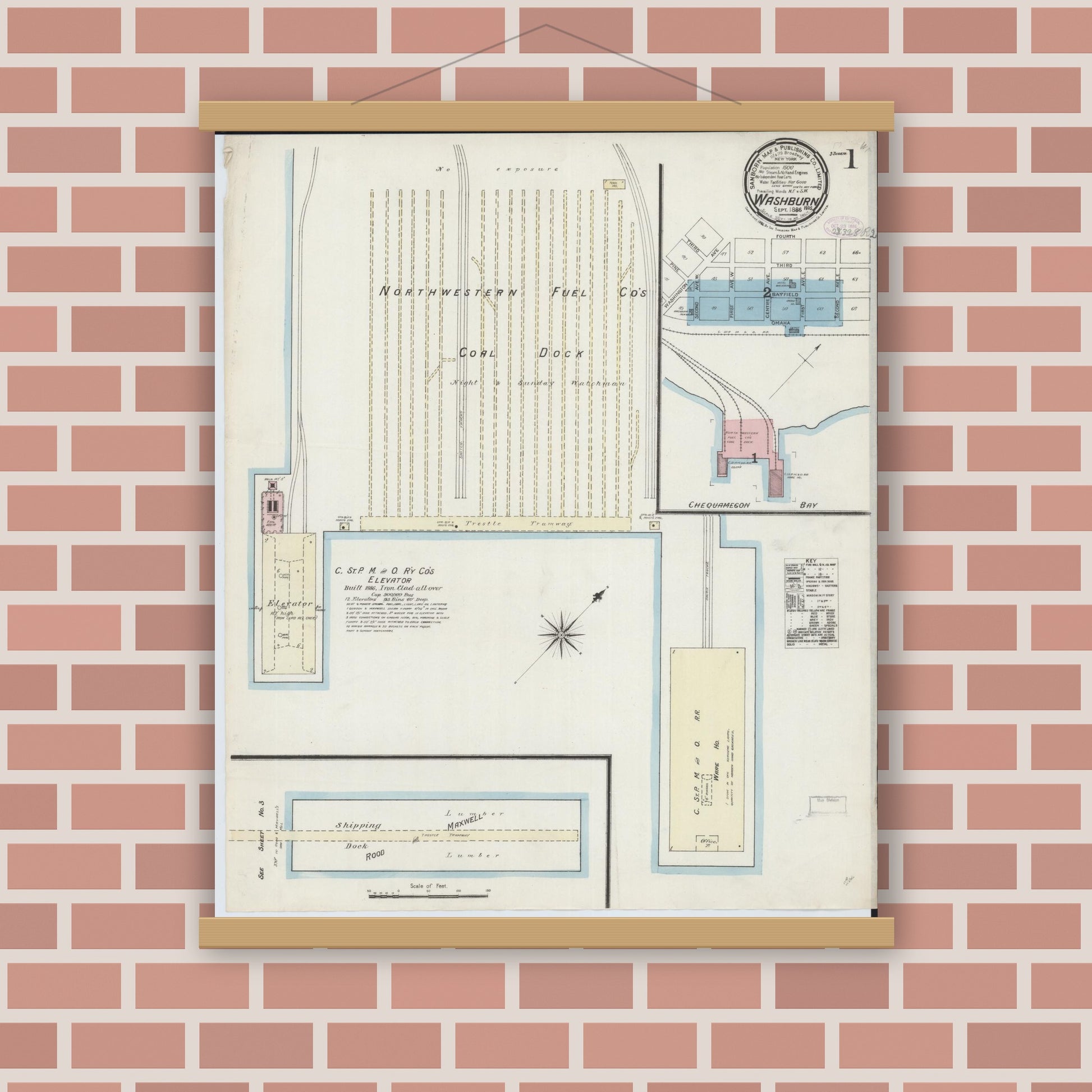 Old map wall art mockup — magnetic wood frame on brick wall — Sanborn Fire Insurance Map from Washburn, Bayfield County, Wisconsin (1886) - Complete Map Set