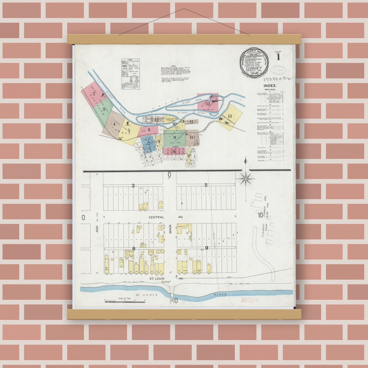 Old map wall art mockup — magnetic wood frame on brick wall — Sanborn Fire Insurance Map from Cloquet, Carlton County, Minnesota (1897) - Complete Map Set