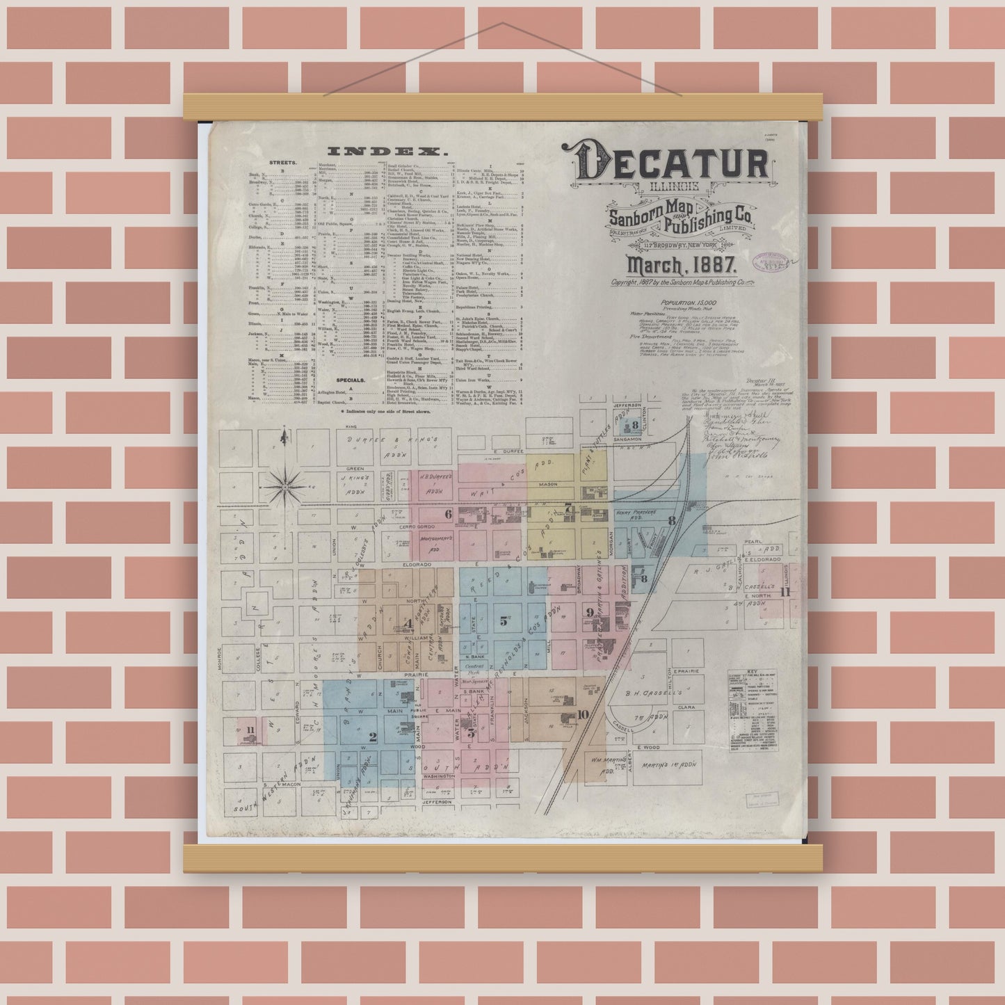 Old map wall art mockup — magnetic wood frame on brick wall — Sanborn Fire Insurance Map from Decatur, Macon County, Illinois (1887) - Complete Map Set