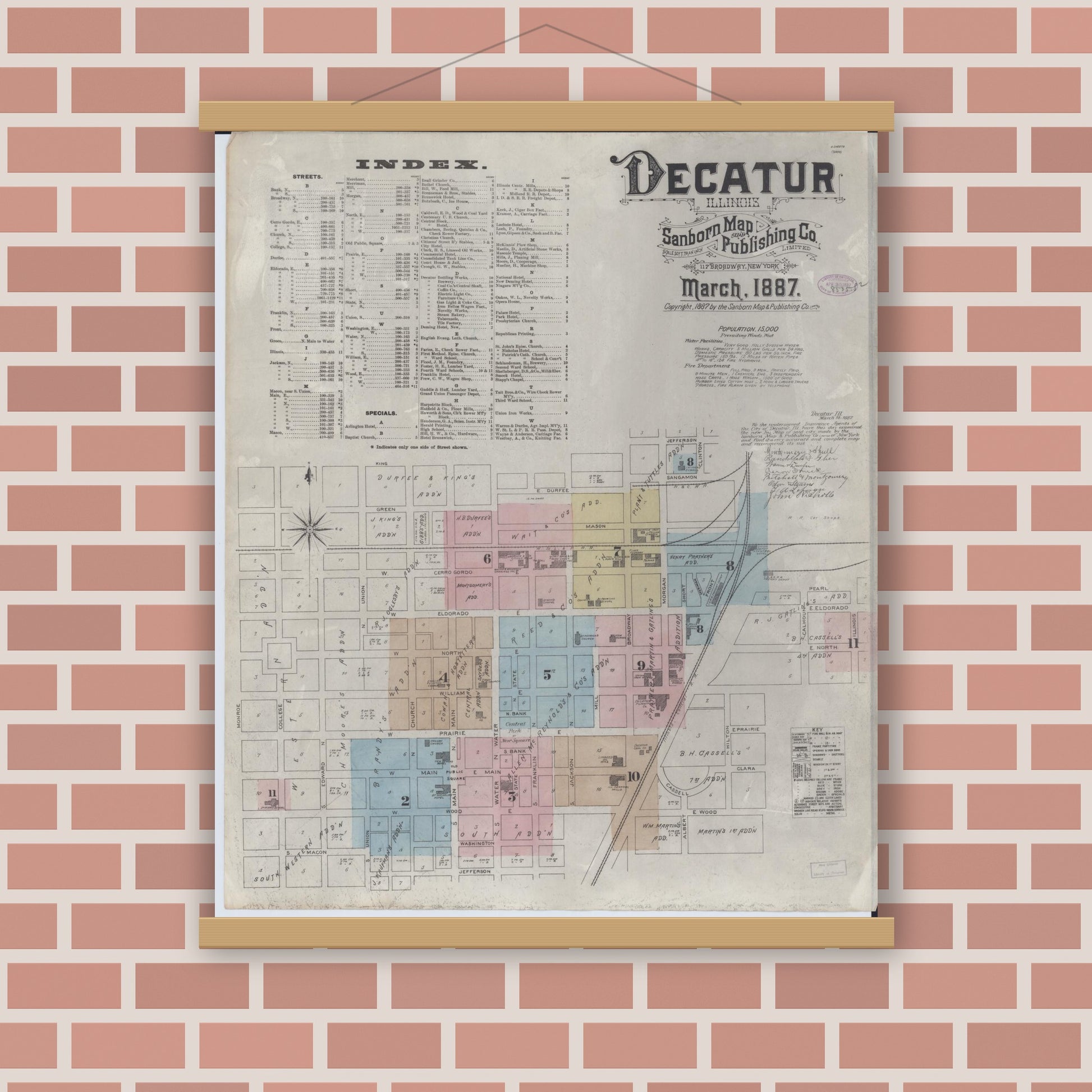 Old map wall art mockup — magnetic wood frame on brick wall — Sanborn Fire Insurance Map from Decatur, Macon County, Illinois (1887) - Complete Map Set