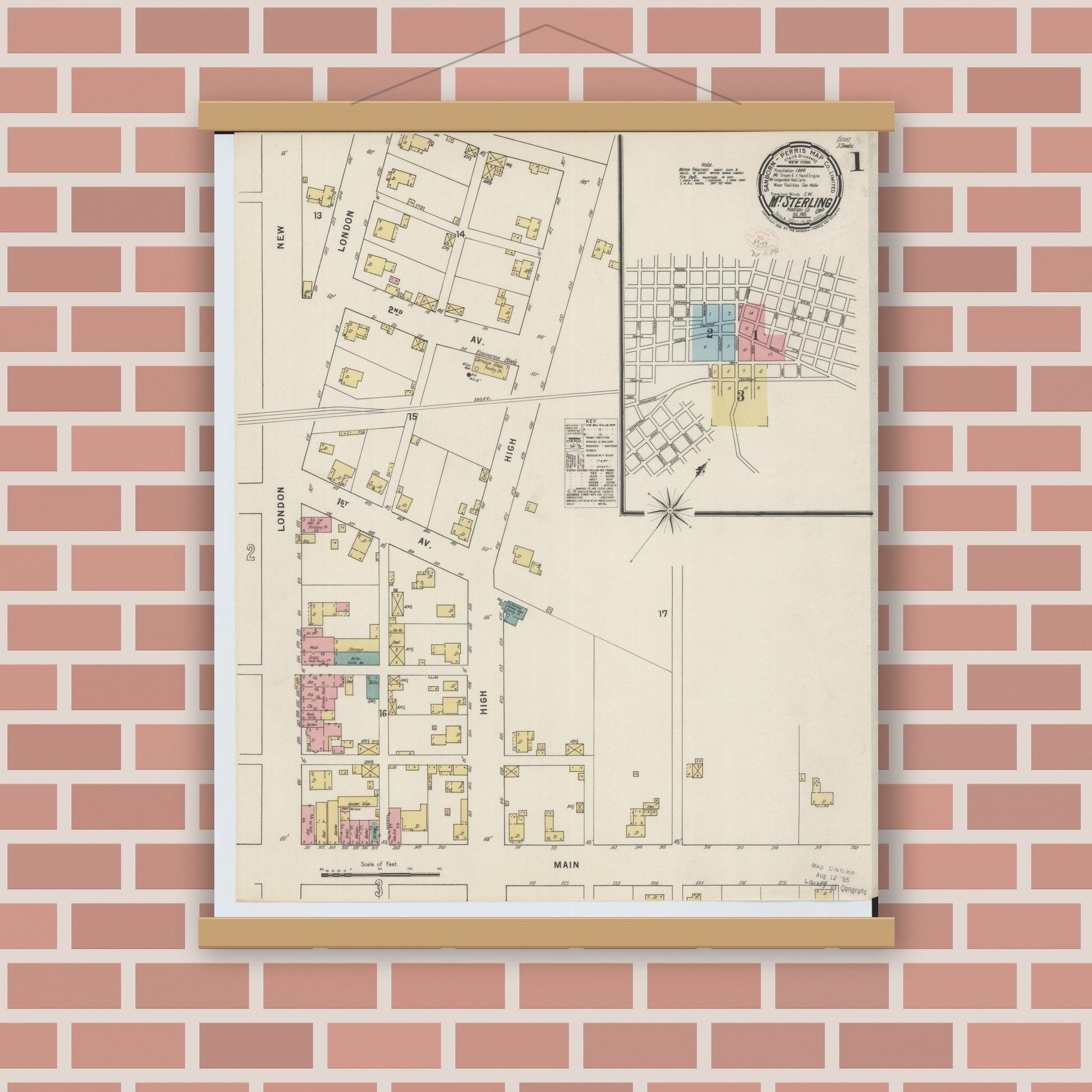 Old map wall art mockup — magnetic wood frame on brick wall — Sanborn Fire Insurance Map from Mount Sterling, Madison County, Ohio (1895), Sheet #0001