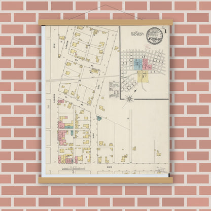 Old map wall art mockup — magnetic wood frame on brick wall — Sanborn Fire Insurance Map from Mount Sterling, Madison County, Ohio (1895), Sheet #0001