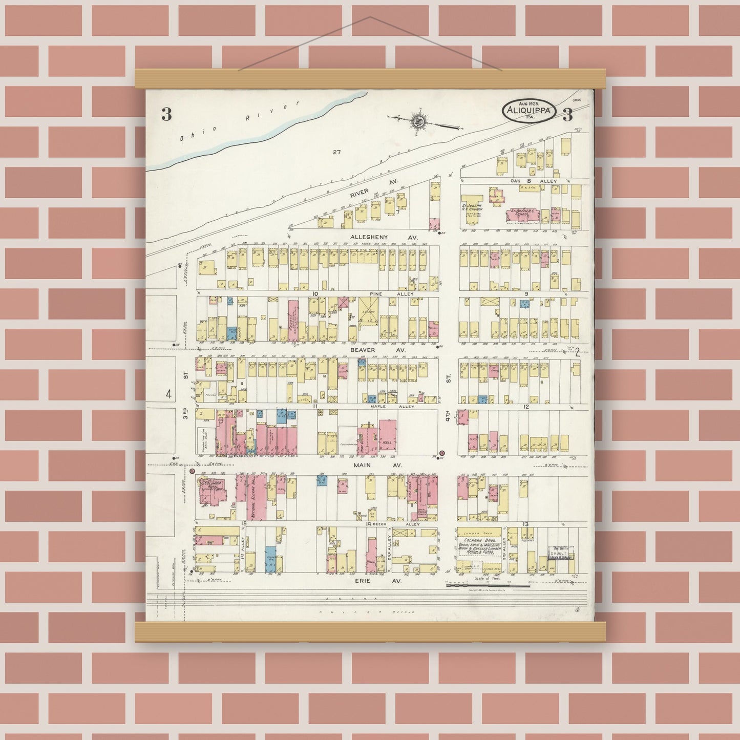 Old map wall art mockup — magnetic wood frame on brick wall — Sanborn Fire Insurance Map from Aliquippa, Beaver County, Pennsylvania (1925), Sheet #0003