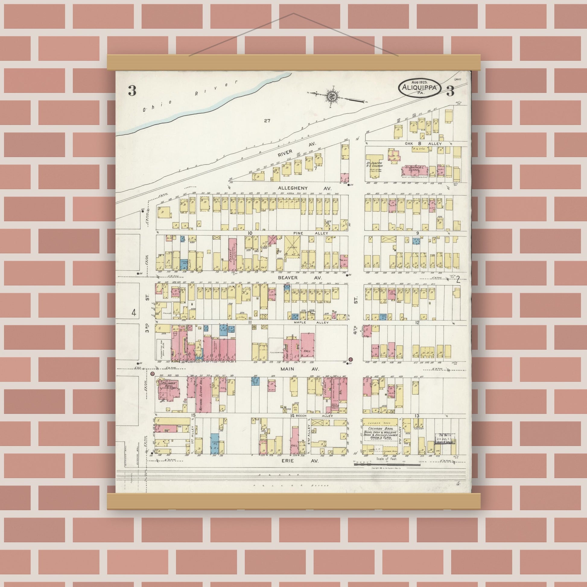 Old map wall art mockup — magnetic wood frame on brick wall — Sanborn Fire Insurance Map from Aliquippa, Beaver County, Pennsylvania (1925), Sheet #0003