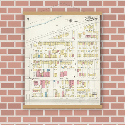 Old map wall art mockup — magnetic wood frame on brick wall — Sanborn Fire Insurance Map from Aliquippa, Beaver County, Pennsylvania (1925), Sheet #0003