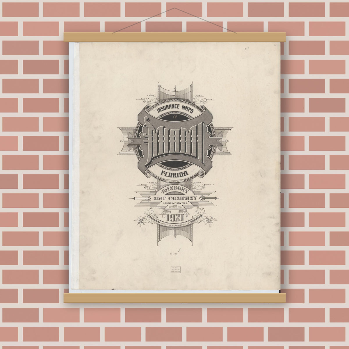 Old map wall art mockup — magnetic wood frame on brick wall — Sanborn Fire Insurance Map from Miami, Dade County, Florida (1924), Sheet #0001