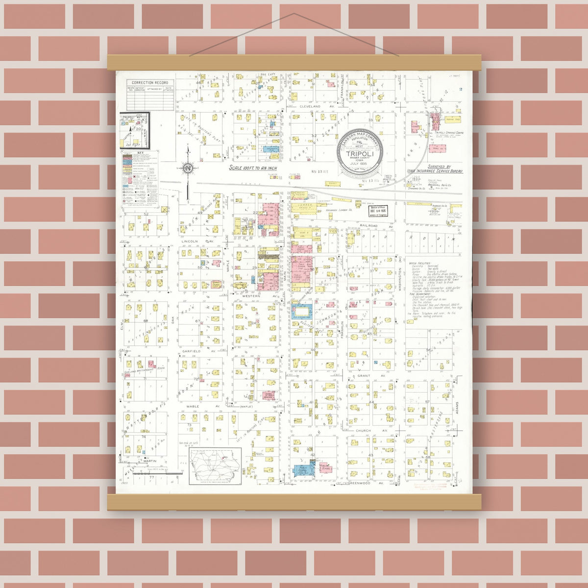Old map wall art mockup — magnetic wood frame on brick wall — Sanborn Fire Insurance Map from Tripoli, Bremer County, Iowa (1935), Sheet #0001