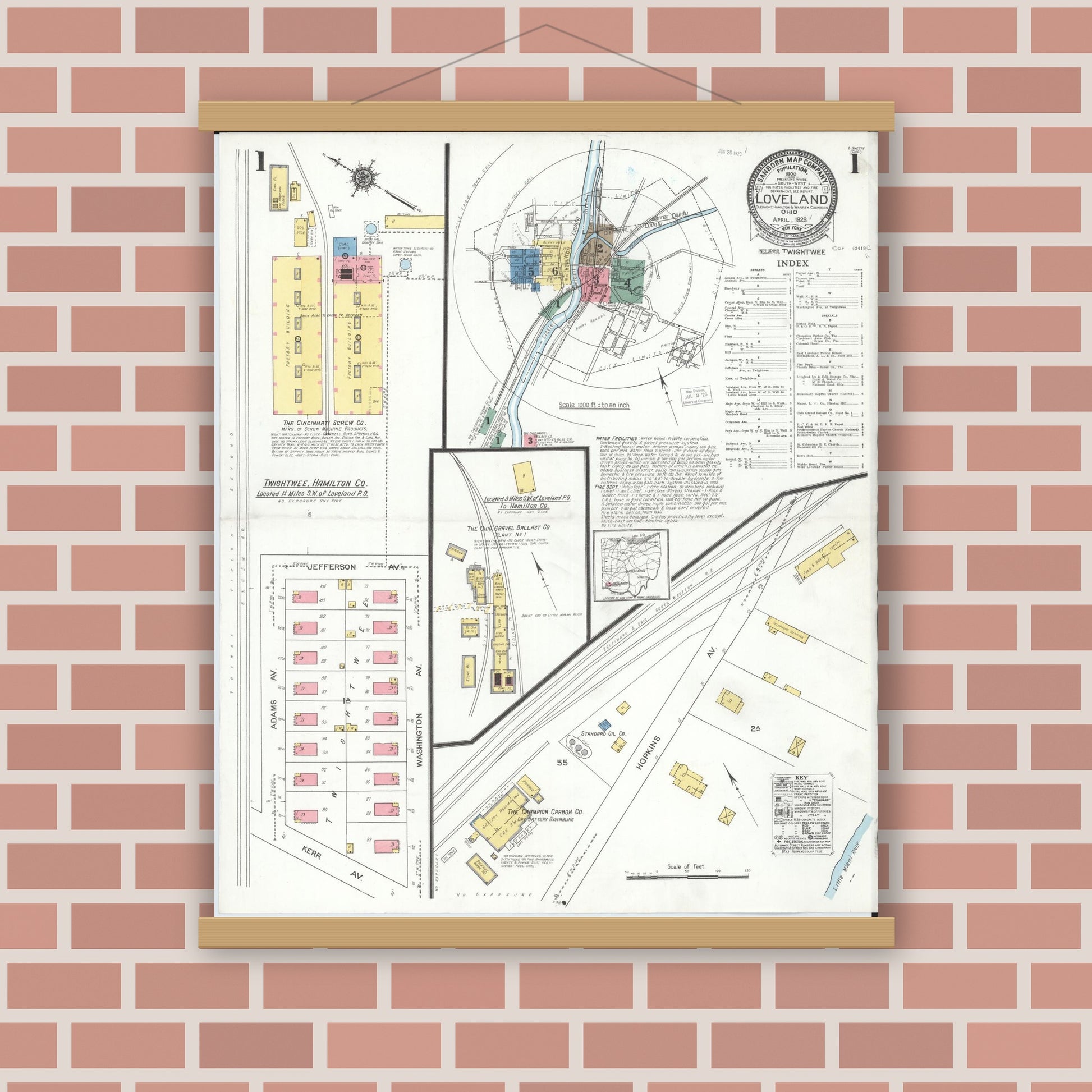 Old map wall art mockup — magnetic wood frame on brick wall — Sanborn Fire Insurance Map from Loveland, Clermont, Hamilton, And Warren County, Ohio (1923), Sheet #0001